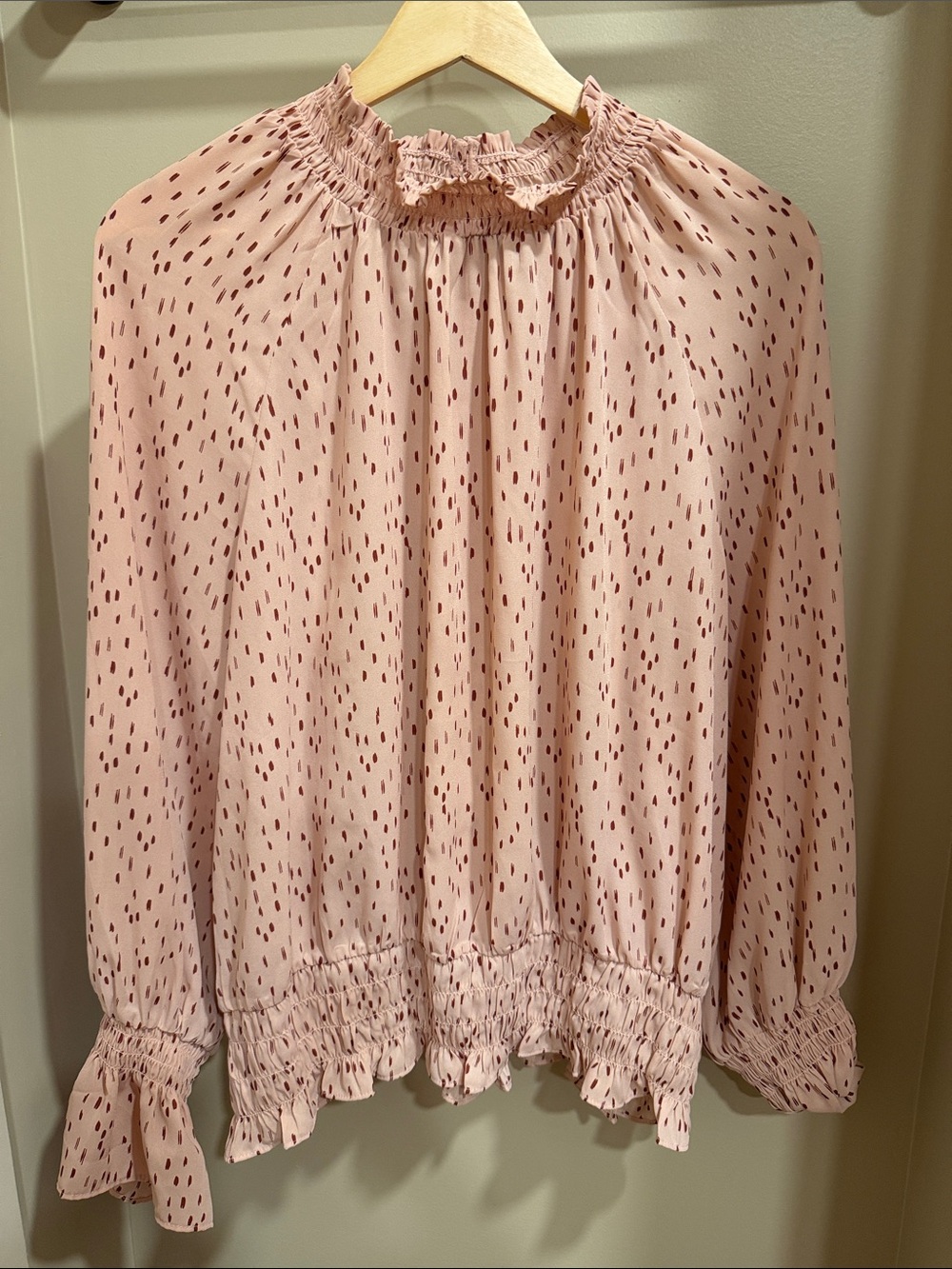 Worthington Blush Pink Smocked Neck Blouse with Dark Dot Print